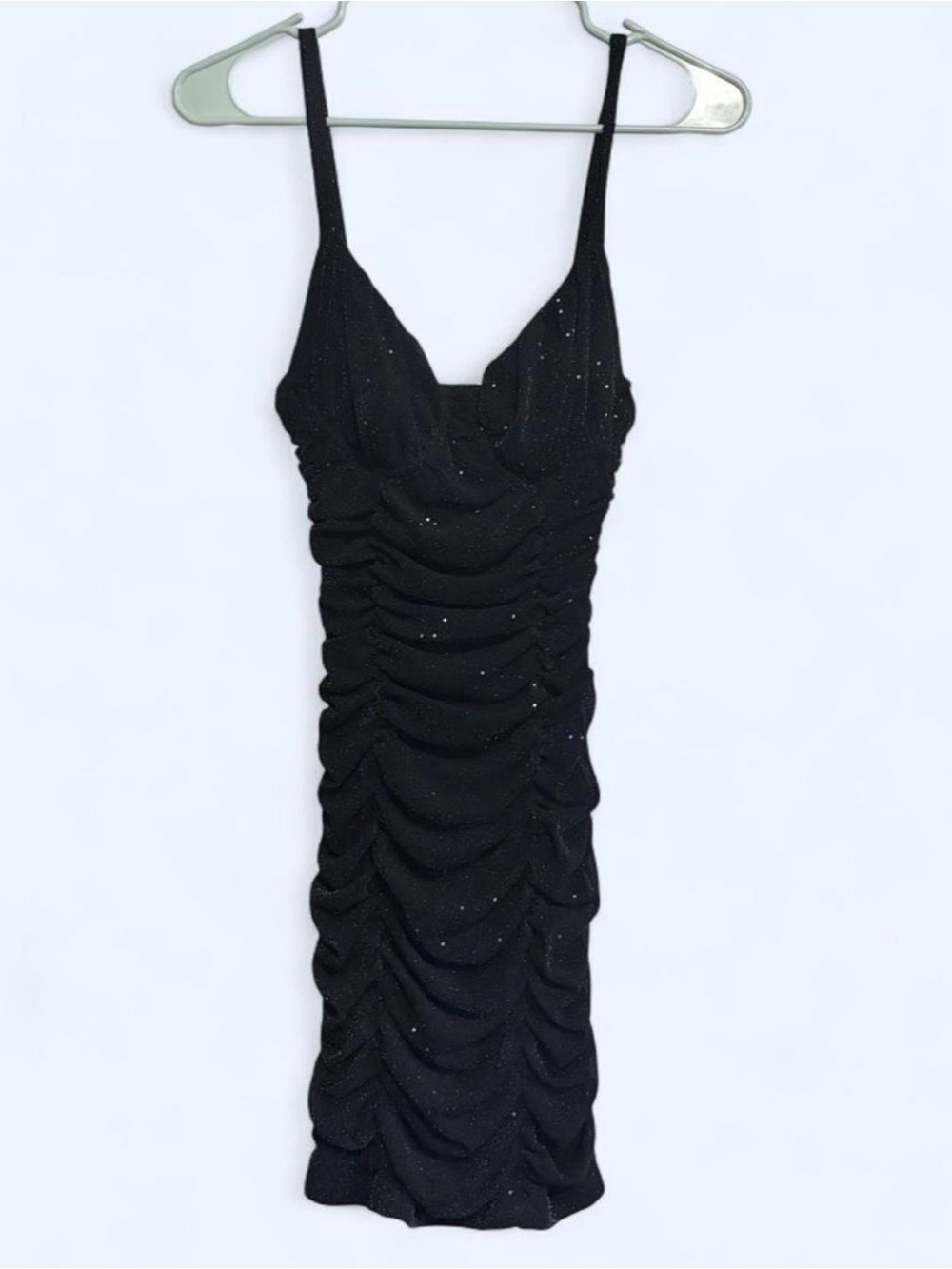 Windsor Sparkly Black Ruched Slip Dress with Sparkle